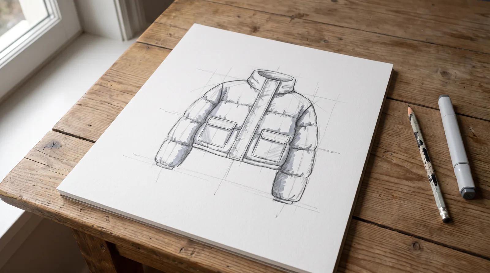 A pencil sketch of a quilted puffer jacket turning into a realistic product picture. Made with AI.