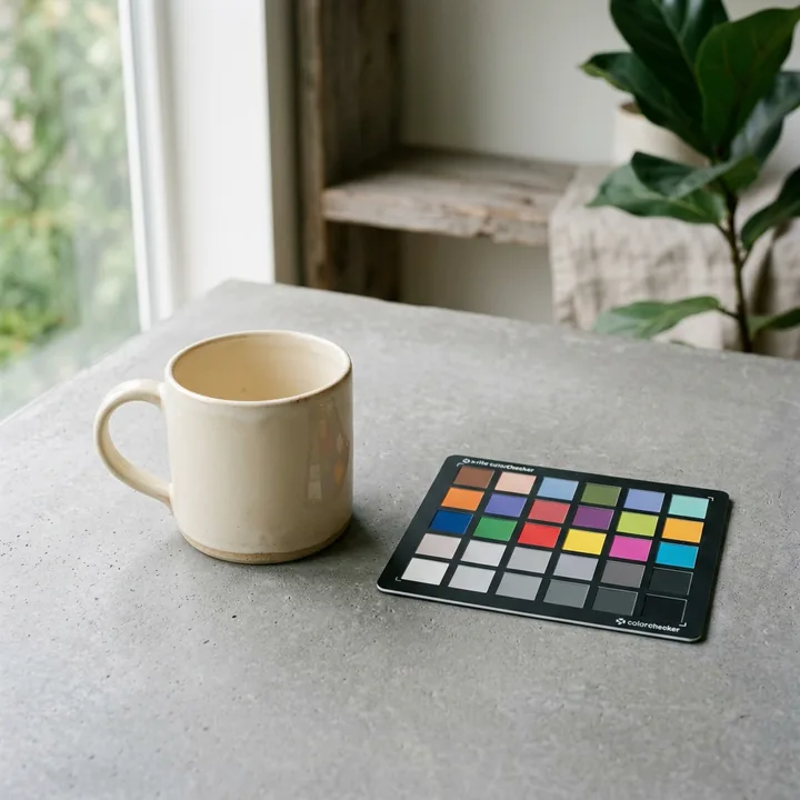 A product beside a colour checker card. Made with AI.