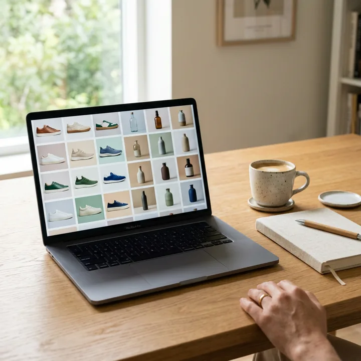 A laptop showing a grid of product photos. Made with AI.
