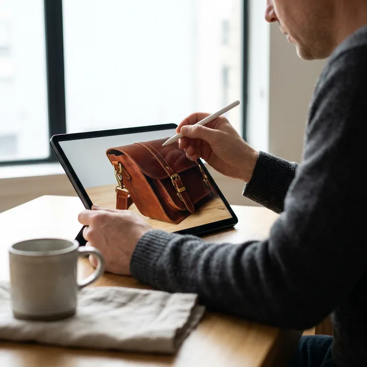 A person reviewing product photos on a tablet. Made with AI.