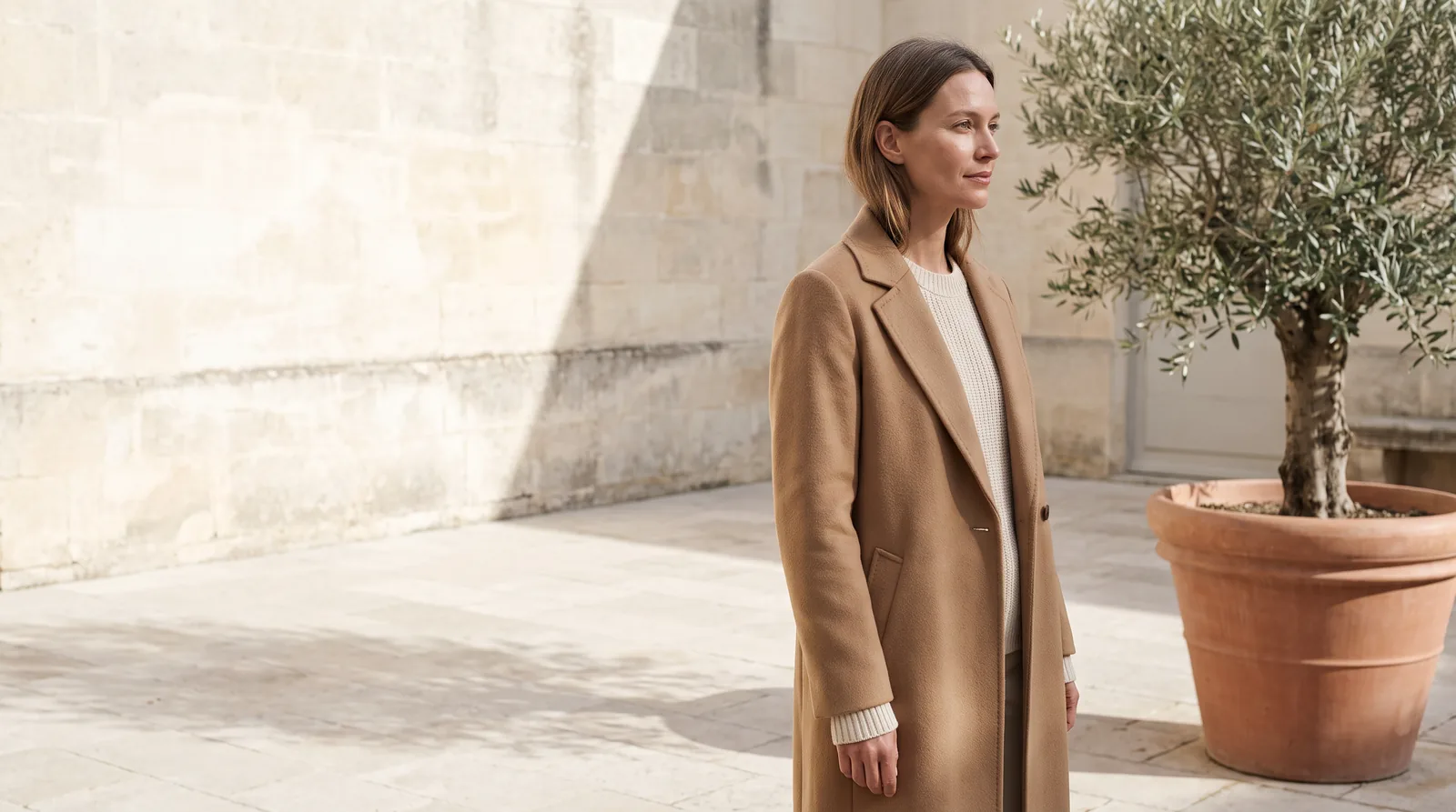A model in a stone courtyard wearing a long camel coat, in warm late light. Made with AI.