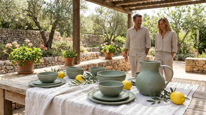 A campaign scene: ceramic tableware on a linen-covered table in a sunlit garden. Made with AI.