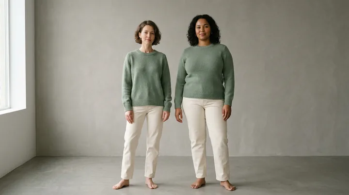 The same sage knit sweater shown on two models with different body shapes. Made with AI.