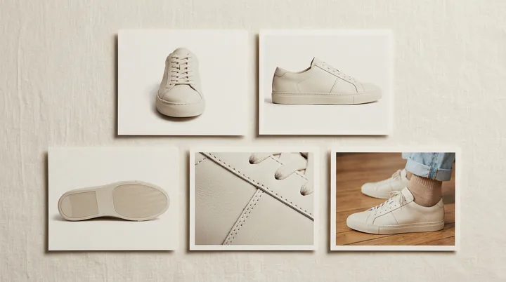 A set of product page images of one sneaker: front, side, sole, detail and on-foot. Made with AI.
