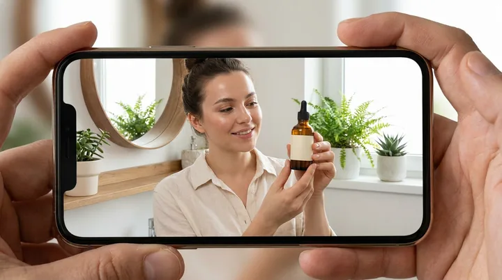 A phone-camera style clip of a person showing a serum bottle in their bathroom. Made with AI.