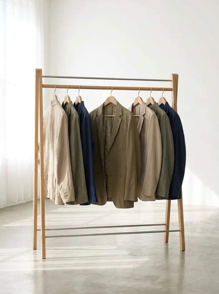 A rack of new-season jackets ready for a launch. Made with AI.