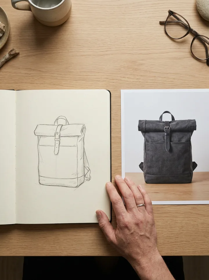 A sketch of a backpack beside a realistic render of the same design. Made with AI.