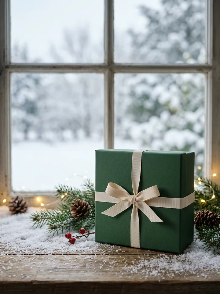 A gift box with pine and warm lights for a holiday campaign. Made with AI.