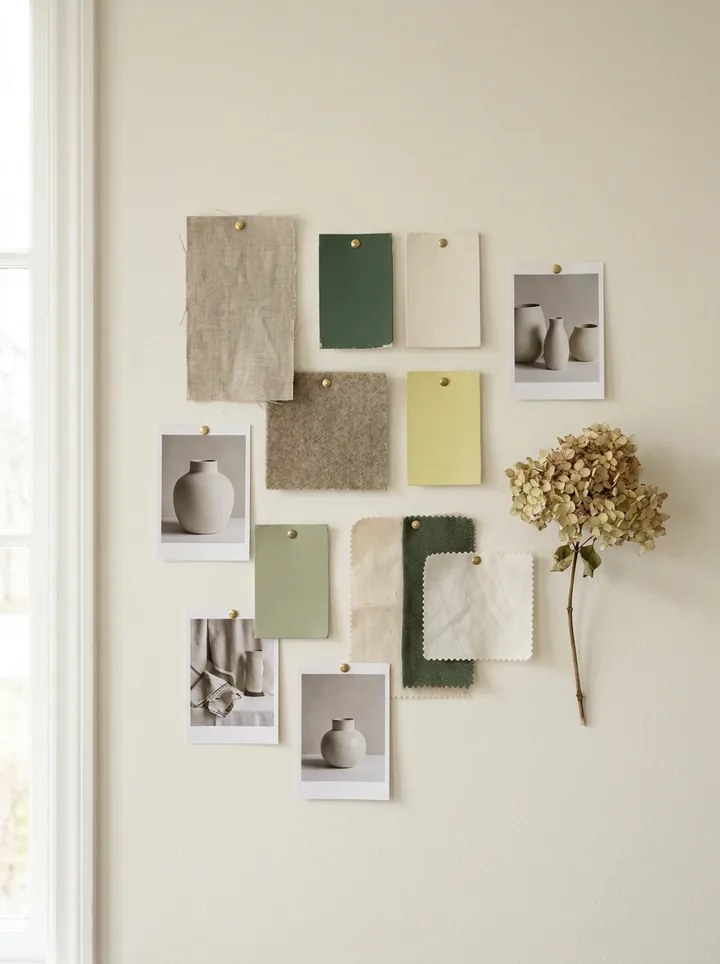 A brand mood board of swatches, colour chips and photo prints. Made with AI.
