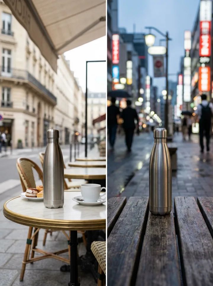 The same water bottle in a Tokyo street and a Paris cafe. Made with AI.