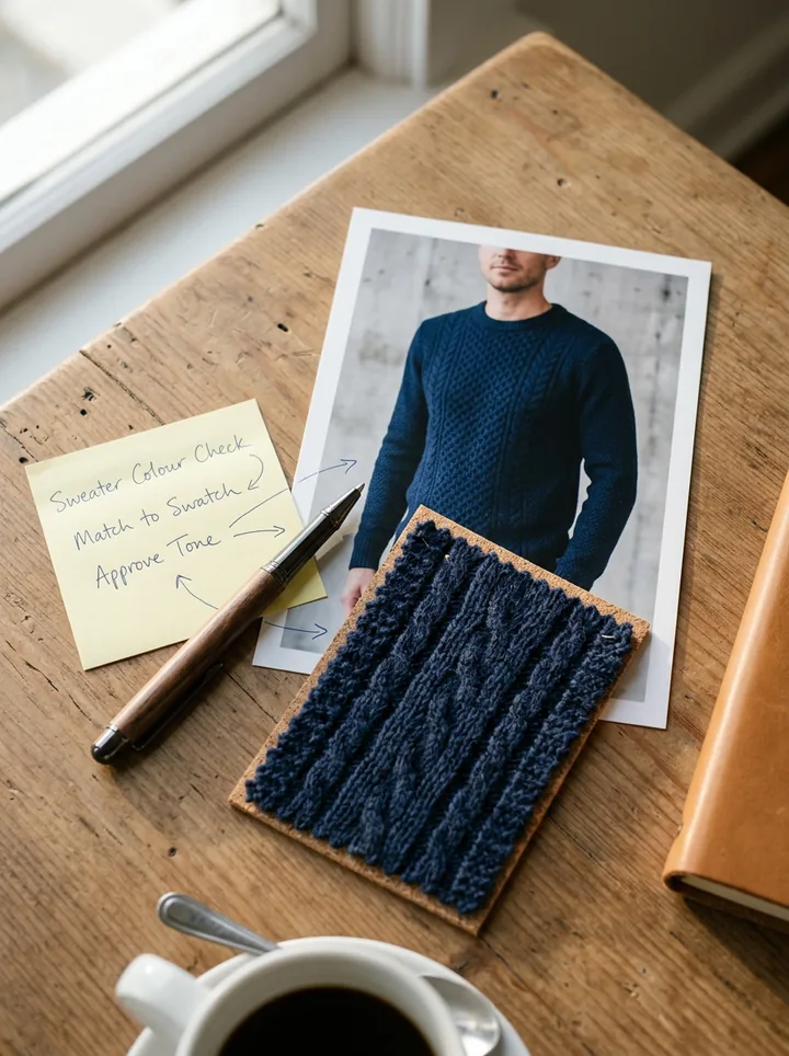 A product photo next to a note and a fabric swatch. Made with AI.