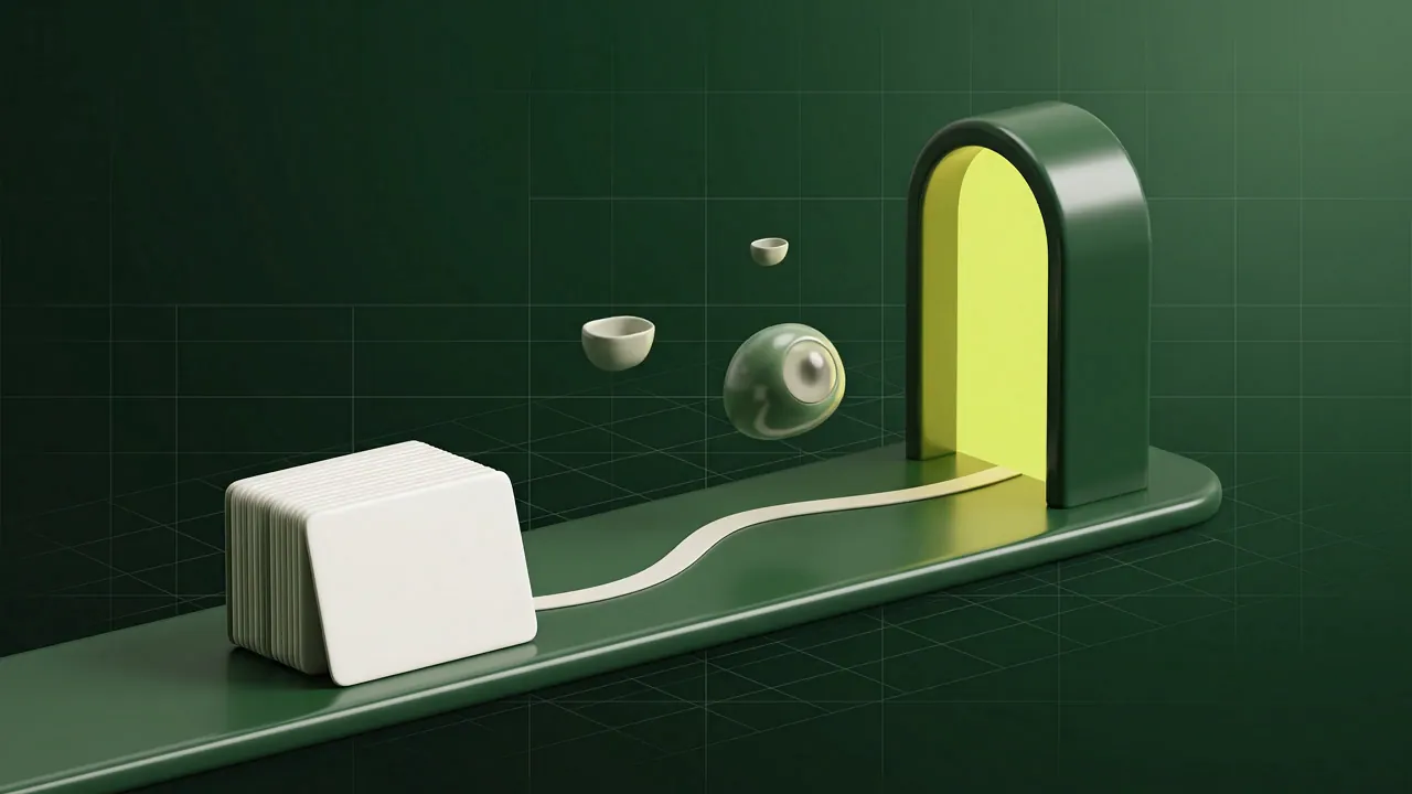 A small round assistant object travels along a thin path from a stack of product cards to a glowing doorway that stands at the merchant's end.