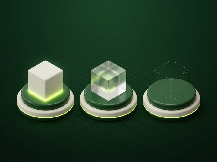Three plinths in a row: a solid block, a see-through block and an empty plinth with a faint outline.