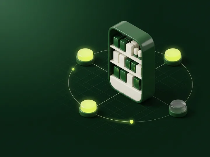 A central shelf unit sends thin lines out to four small separate pods, one of them dimmer than the rest.