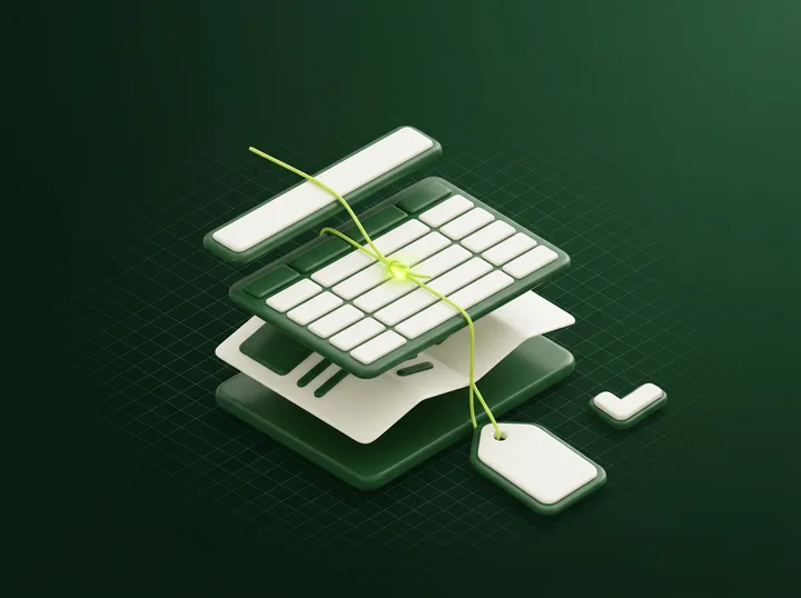 A single product record shown as four stacked layers: a title strip, a spec grid, a policy leaflet and a price tag.