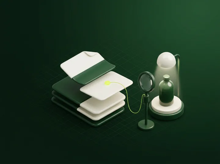A page pulled from a stack, joined by a thread to a lens, while a lit bottle on a plinth beside it has no link to the page.