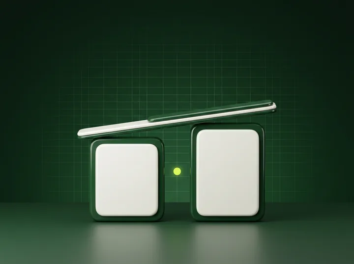 Two near-identical product cards on a table with a tilted balance beam across them.
