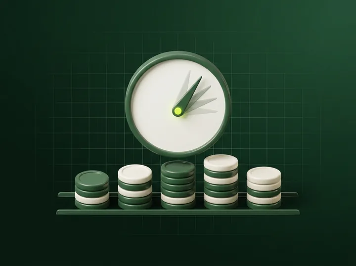 Five slightly different stacks of coins on a rail with a dial above them whose needle leaves faint trails.