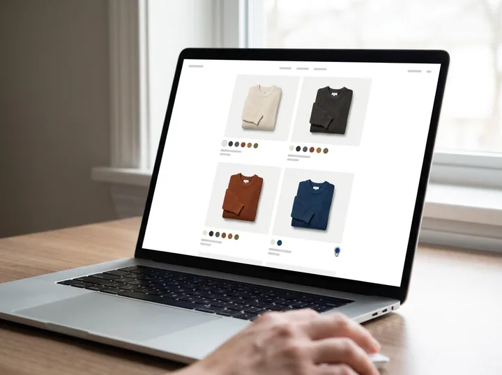 A colour swatch that swaps the product picture right on the listing. Illustration made with AI.