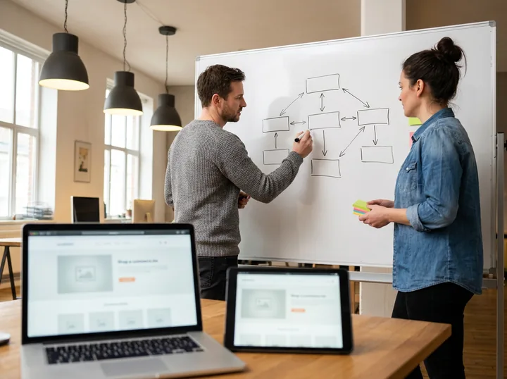 A small team planning a storefront on a whiteboard. Made with AI.
