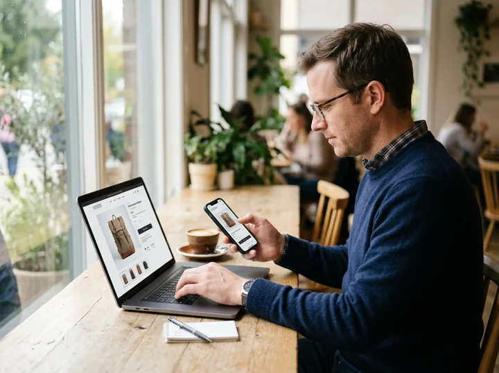 An adult working on a laptop and phone in a bright cafe. Made with AI.