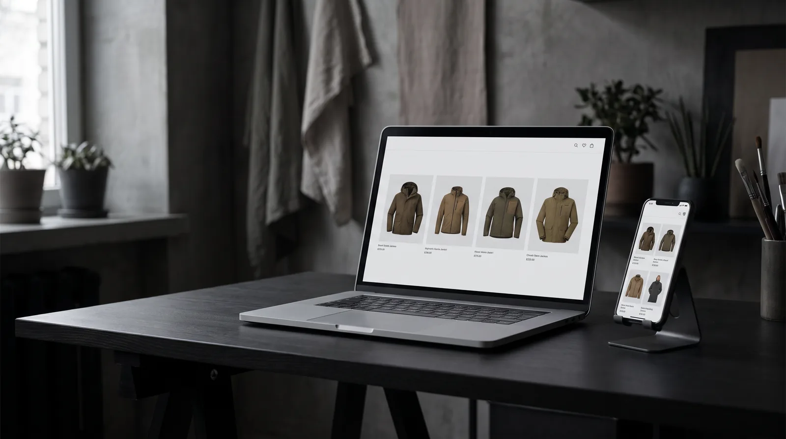 A laptop and a phone on a dark desk showing the same headless storefront. Illustration made with AI.