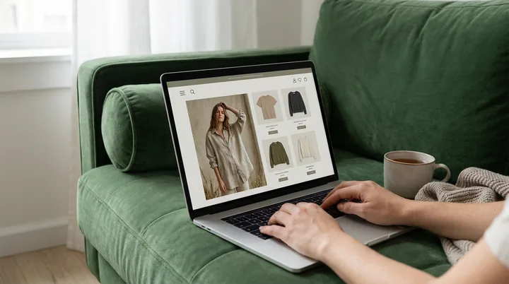 A laptop on a green sofa showing an apparel store. Made with AI.