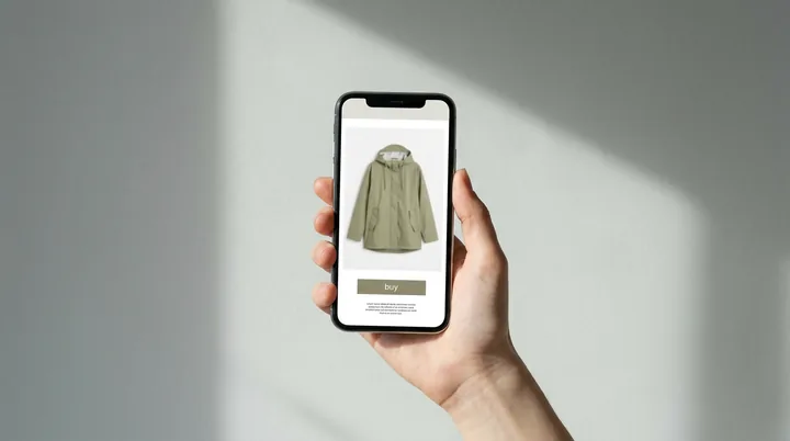 A hand holding a phone showing a mobile store product page. Made with AI.
