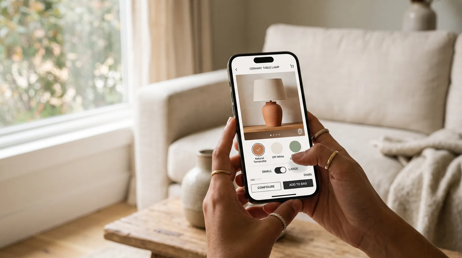 Hands holding a phone showing a product configurator for a table lamp. Illustration made with AI.